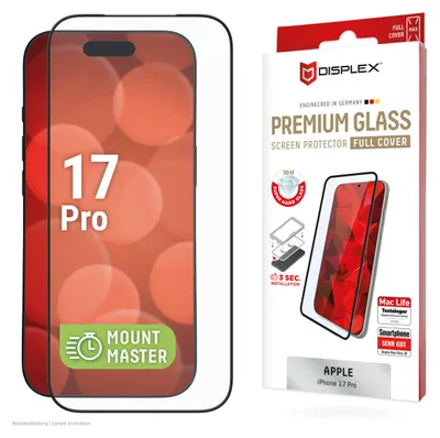 Produktbild von Displex Premium Panzerglas (Full Cover, 10H) für Apple iPhone 17 Pro,MountMaster Full Cover, Apple, iPhone 17 Pro, Stoßfest, Staubresistent, Schlagfest, Kratzresistent, Schockresistent, Transparent, 1 Stück(e)