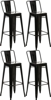 Four black bar stools are arranged in a two-by-two grid against a white background.