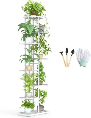 Zdjęcie produktu dla Stojak ogrodowy z 8 półkami i narzędziami ogrodniczymi – wysokość 141 cm – biały