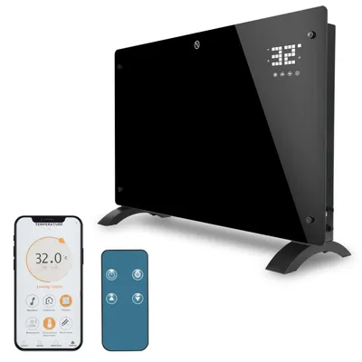 Immagine prodotto di Riscaldatore elettrico Ikodm da 2000W, colore nero, con radiatore in vetro, controllo Wi-Fi tramite app, termostato regolabile da 5 a 50°C, timer da 24 ore, adatto per l'installazione a parete o da appoggio con rotelle