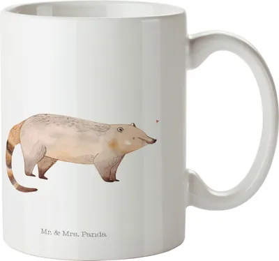 Produktbild von Mr. & Mrs. Panda Keramiktasse Nasenbär - Weiß - Geschenk, Kaffeebecher, schöne tasse, Nasenbären, Pott, Becher, Bär, Rüsselbär, Kaffeetasse, Lustige Sprüche