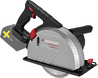 A cordless circular saw is shown from a three-quarter angle against a white background. The battery is shown partially detached with a yellow 'X' mark on it, indicating it is not included.