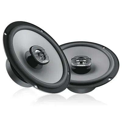 Two car speakers are shown against a white background.