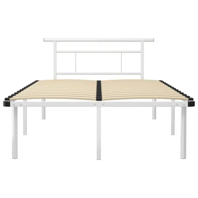 A white metal bed frame with wooden slats, shown from the front.