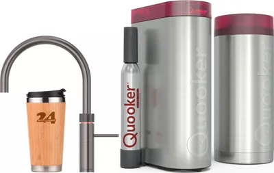 A Quooker tap, a CO2 cylinder, and two Quooker tanks are displayed against a white background.
