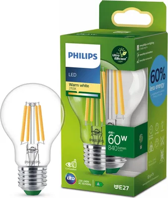 A Philips LED light bulb and its packaging are shown.