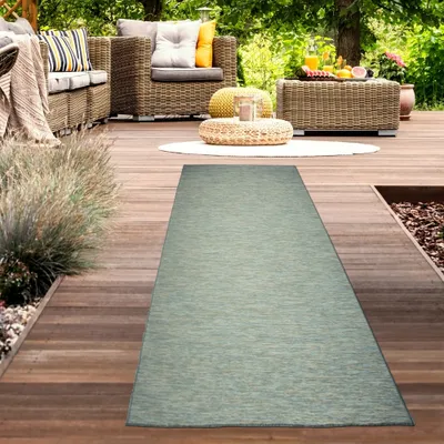 Produktbild von Teppich für Innenbereich und Außenbereich meliert in Sisaloptik beidseitig nutzbar in Blau Beige Größe - 67 x 180 cm