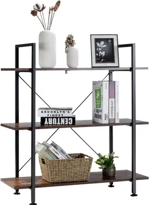 A three-tiered bookshelf with decorative items and books.