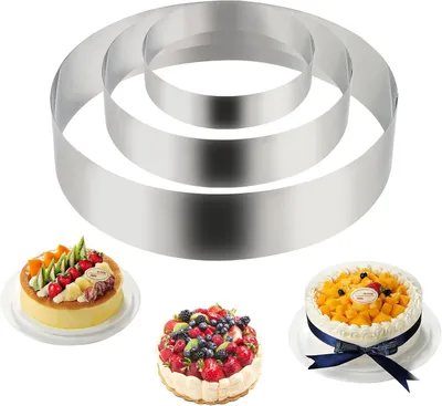 Imagen del producto de Moldes redondos de acero inoxidable, juego de 3 unidades, diámetros de 15/20/25 cm, altura de 6 cm, para pasteles y mousses