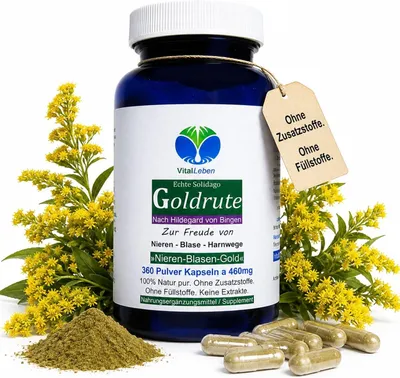 Immagine prodotto di Solidago (Erba di San Giovanni) in capsule, 360 pezzi. Indicato per reni, vescica e vie urinarie. Prodotto senza additivi, secondo i principi di Hildegard von Bingen.