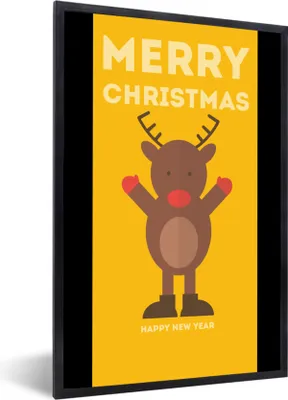 Produktbild von MuchoWow® Gerahmtes Poster Weihnachten - Zitate - Illustration - Rentier - Frohe Weihnachten - Gelb 20x30 cm - Poster mit Schwarzem Bilderrahmen Wandposter Rahmen Foto Bilder - Drucken - Bilder Poster im Rahmen