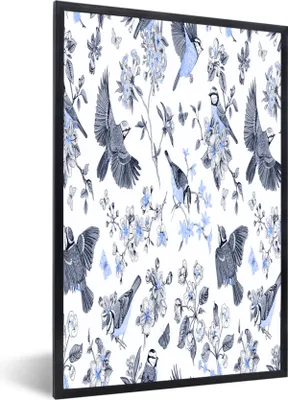Produktbild von MuchoWow® MuchoWow® Gerahmtes Poster Blumen - Vogel - Blau 60x90 cm - Poster mit zchwarzem Bilderrahmen - Kunst