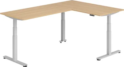 Produktbild von bümö Eckschreibtisch elektrisch höhenverstellbar L-Form - Gestell: Silber, Nachbildung: Eiche, Größe: Eckschreibtisch 160 x 240 cm