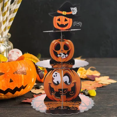 Produktbild von Mehrstöckiger Papier-Tortenständer im Kürbisdesign zum Präsentieren von Kuchen und Servieren von Cupcakes bei Halloween-Partys und Feiern