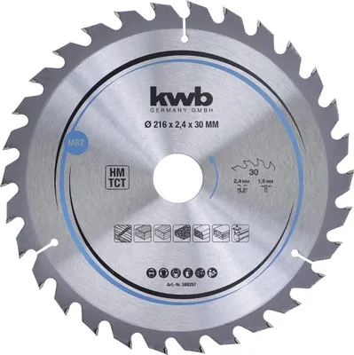 Produktbild von kwb Kreissägeblatt 216 x 30 mm - Schneller Schnitt, geeignet für Weich- und Hartholz, Tischlerplatten und Spanplatten - Hartmetall-Zähne, flexibles Stammblatt