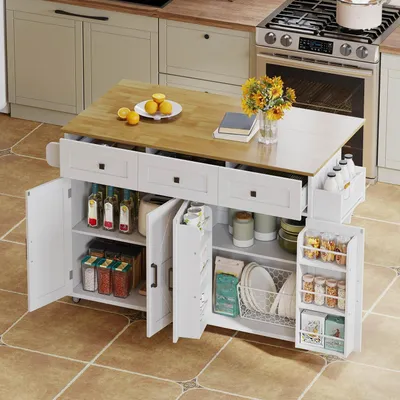 Immagine prodotto di Carrello da cucina con piano di lavoro pieghevole, carrello di servizio con ruote, stile rustico, bianco, 140x43(70)x90,5 cm