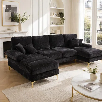 Immagine prodotto di Divano a forma di "U" in velluto, colore nero, dimensioni 272x136x88 cm, divano angolare a 4 posti con due aree relax, struttura in legno e gambe in metallo dorato