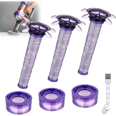 Zdjęcie produktu dla INF Zestaw akcesoriów zamiennych kompatybilny z Dyson V8 — 3 filtry HEPA po silniku, 3 filtry wstępne i szczotka do czyszczenia (Fioletowy, ABS+włókno)