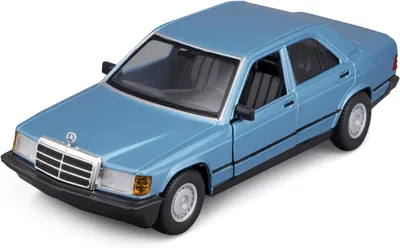 A toy model of a blue Mercedes-Benz 190E car is shown from a slightly elevated front-left angle against a white background.