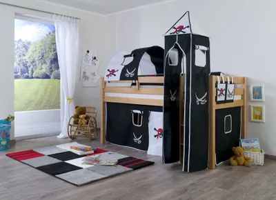 Produktbild von Relita Halbhohes Spielbett ALEX Buche massiv natur lackiert mit Stoffset Vorhang, 1-er Tunnel, Turm, Tasche, 207 cmx113/213 cmx98 cm; BH1001114+TX5002029+TX5072029+TX5152029+TX5032029-M1