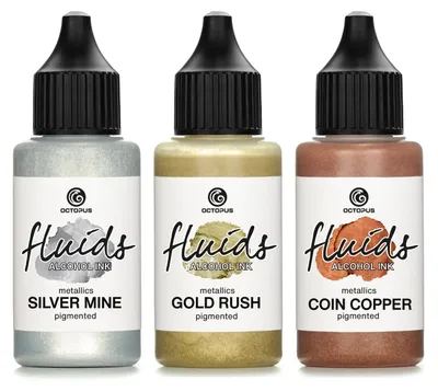Produktbild von 3x 30ml Octopus Fluids Alcohol Ink Set Metallics GOLD RUSH, SILVER MINE, COIN COPPER Alkoholtinte für Fluid Art, Resin und Epoxidharz