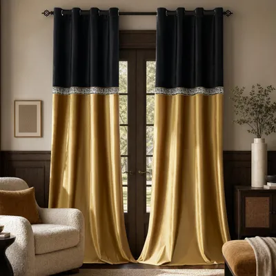 Samtvorhänge 228x229 cm, Schwarz-Gold, 2 Paneele, verdunkelnd