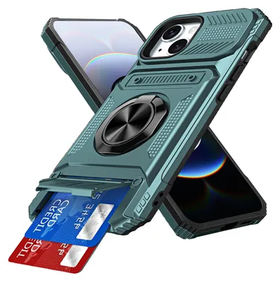 Produktbild von Dual Layer Hülle für iPhone 13 / iPhone 14 mit Kartenhalter, Magnetische Ring Ständer Militärschutz Stoßfeste Handyhülle Grün