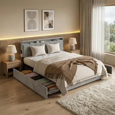 Produktbild von CEEDIR Polsterbett 160x200 cm, mit 4 Schubladen, Bett mit Stauraum, gepolstertes Kopfteil, Samt Bettgestell inkl. Lattenrost, ohne Matratze, Hellgrau