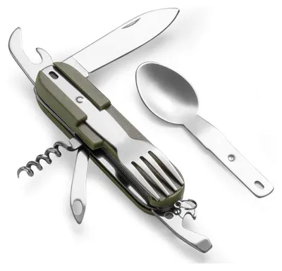 Produktbild von 7-in-1-Camping-Utensilien-Set, Edelstahl-Löffel-Gabel-Messer-Kombination, faltbares Camping-Utensilien-Set, multifunktionales Survival-Essgeschirr-Set