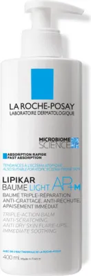 A white bottle of La Roche-Posay Lipikar Baume Light AP+M with a pump dispenser.
