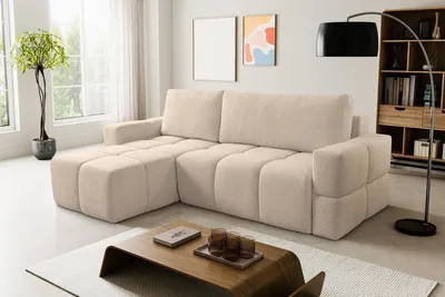 Produktbild von VENASI Ecksofa LUSSO Hellbraun mit Schlaffunktion und Bettkasten, universell, Bouclé