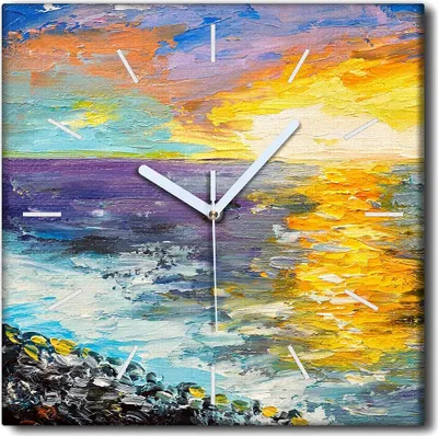 Produktbild von Coloray Uhr auf Leinwand 30x30 cm Wand Uhr Dekoration Wohnzimmer Segeltuch weiße Zeiger -Seesonnenuntergang