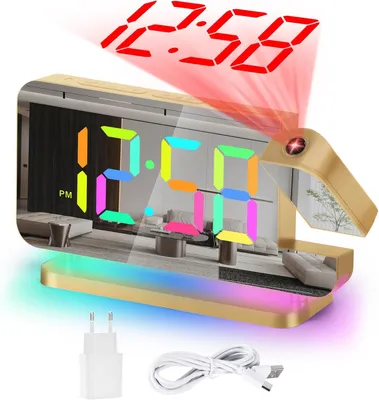 Produktbild von Digitaler Wecker mit Projektion, 7,4 Zoll LED Spiegeluhr, 180° Projektor, 11 RGB Farben, 10 Nachtlicht-Modi, Dual Alarm, USB-C & USB