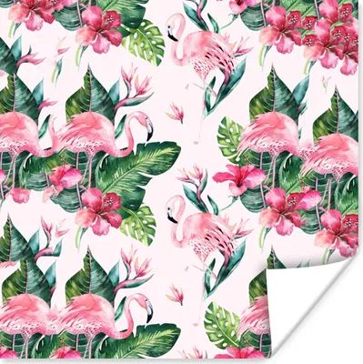 Produktbild von MuchoWow® Poster Flamingo - Blumen - Blätter - Muster 50x50 cm - Wohnzimmerdekoration