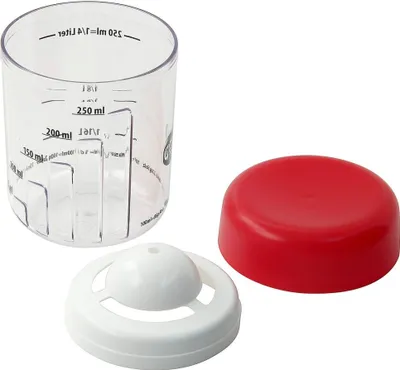 Produktbild von Dr. Oetker Mix- und Messbecher mit Eitrenner Ø 8 cm, 3-tlg. Becher zum Messen und Mixen von Zutaten, Funktionsteil zum Trennen von Eigelb und -weiß, (Farbe: transparent/rot)