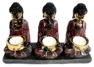 Produktbild von Antiker Kerzenhalter Teelichtständer "Drei Gläubige" Buddha 16cm