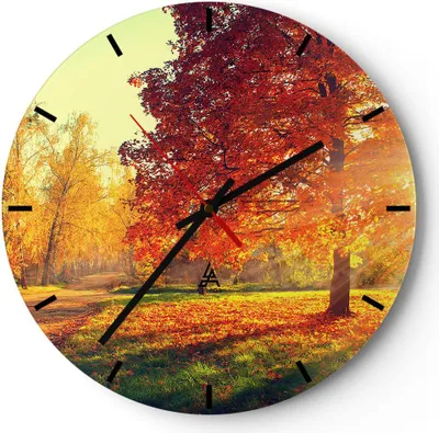 Produktbild von Wanduhr - Rund - Glasuhr - Park Herbst Baum - 30x30cm - Schleichendes Uhrwerk - Lautlos - zum Aufhängen bereit - Dekoration Modern - Wanddekoration aus Glas - C3AR30x30-3654