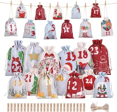 Imagen del producto de Calendario de Adviento para rellenar tú mismo - 24 unidades - Tela - 2 tamaños - Bolsitas para el calendario de Adviento - Calendario navideño para rellenar tú mismo
