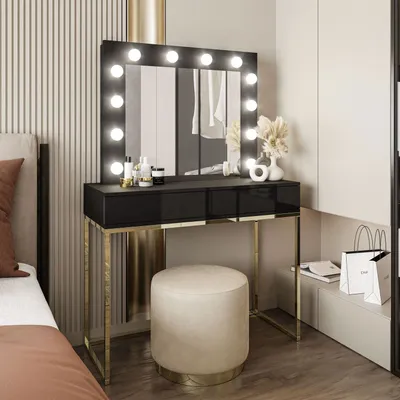 Produktbild von Schminktisch BLANCO mit Spiegel und Beleuchtung goldchrom schwarz Hochglanz