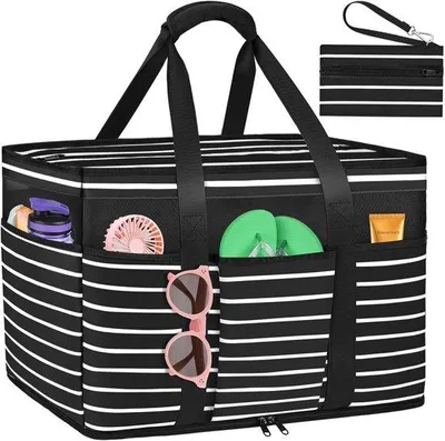 Produktbild von Unyqoos® Große Strandtasche 45 L, 50×35×20 cm – wasserdichtes Material, Reißverschluss, 12 Fächer inkl. wasserdichtem Fach, Damen & Familie