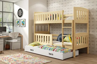Produktbild von Kinderhochbett mit Zustellbett und Matratzen 90x200 BRIGID – Kiefer / Weiß