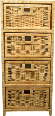 A four-drawer wicker chest of drawers.