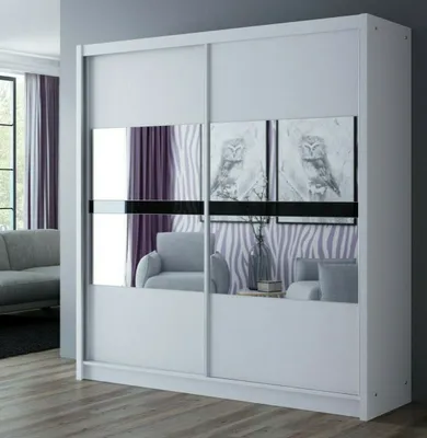 Produktbild von Schwebetürenschrank BATUMI 203 cm mit Spiegel, Kleiderschrank mit Schiebetüren, Schlafzimmerschrank, großer Stauraum (Weiss)