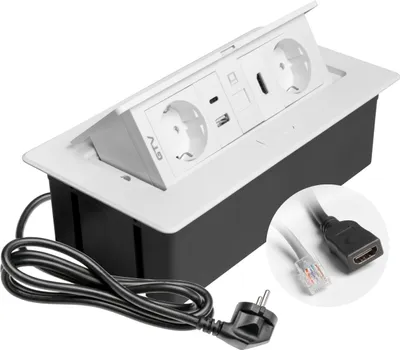 Produktbild von GTV - Einbausteckdose MULTISOFT weiß mit 2x Schuko, USB A+C, RJ45, HDMI 2.0, Abdeckung, versenkbar, 1,5?m Kabel, für Schreibtisch, Konferenztisch, Küche oder Homeoffice