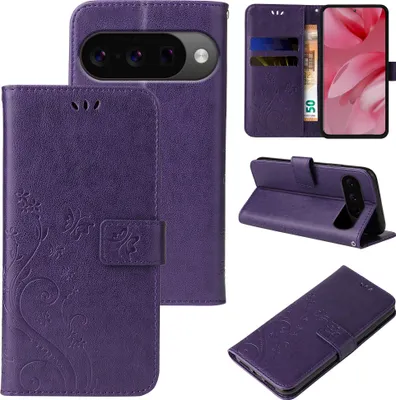 Produktbild von Handyhülle für Google Pixel 10 Floral Blumen Schmetterling Flip Cover Hülle Case Klapphülle Handytasche Farbe: Violett