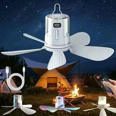 Obrázek produktu pro Stropní ventilátor s osvětlením, dobíjecí, s dálkovým ovládáním, USB portem, časovačem, vhodný pro venkovní použití a kempování