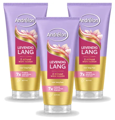 Imagen del producto de 3 mascarillas capilares Andrélon Levendig Lang, de 1 minuto, con biotina, de 180 ml cada una. Paquete de 3 unidades