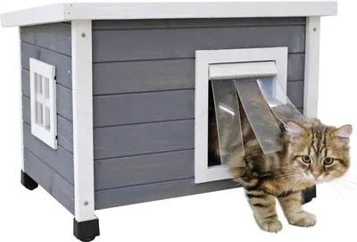 Image de Kerbl Maison pour chats Rustica en bois, porte battante avec lamelles, fenêtre en plexiglas, pieds en plastique réglables en hauteur, gris/blanc, 57 x 45 x 43 cm