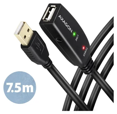 Produktbild von Axagon ADR-207 USB 2.0 A-M -> A-F aktives Verlängerungs‑/Repeater‑Kabel 7.5m, 7,5 m, USB A, USB A, USB 2.0, 0,48 Gbit/s, Schwarz