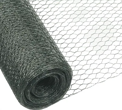A roll of dark gray hexagonal wire mesh is shown against a white background.
